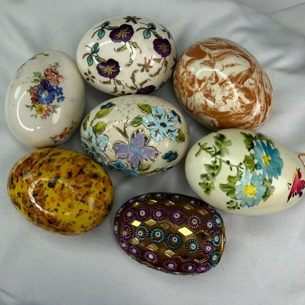 Vintage Decorative Ceramic Egg Collection Floral Marbled Hand Painted Set of 7